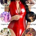 Leather Bodysuit Sexy One Piece Swimsuits Shiny PVC Jumpsuits Zip Up Leotard Sheer Teddy Outfit Lingerie Clubwear (Red, M)