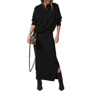 PRETTYGARDEN Women's Two Piece Matching Sweater Sets Knit Long Sleeve Pullover Tops Bodycon Long Maxi Skirts Fall Outfits (Black) XL