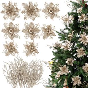 Yinder 48 Pcs Christmas Poinsettia Artificial Flower with Twigs Glitter Christmas Tree Filler Decorations Set for Wreath Table Centerpiece Xmas Wedding Holiday Party Decorations(Champagne)
