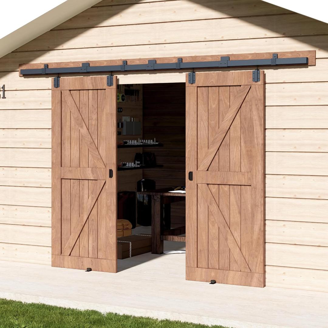 12FT Heavy Duty Exterior Double Sliding Rail Barn Door Hardware, 12FT-Double door kit
