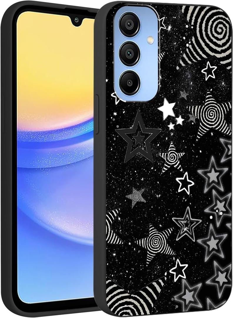for Samsung Galaxy A15 5G 6.5'' Cute Cool Black Star Phone Case, Aesthetic Trendy Y2K Stars Silicone Matte Design Phone Cover Soft Slim Frame TPU Protective Shockproof Case for Women Girls