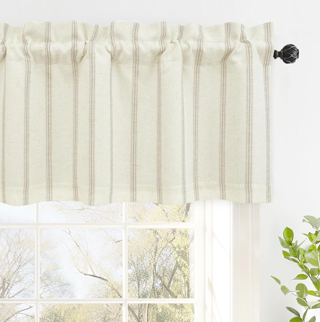 DriftAway Farmhouse Linen Lined Valance 2 Layer Thermal Insulated Room Darkening Blackout Window Valances Rod Pocket Vertical Striped Kitchen Valance for Bathroom Single 52 x 18 Inch Camel Beige