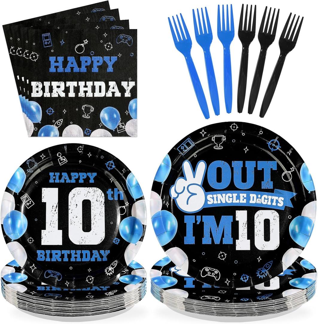 96Pcs 10th Birthday Supplies for Boys Blue and Black 10th Birthday Plates and Napkins Disposable Out of Single Digits I'm 10 Tableware Set for Kids Teen Boys 10 Years Old Party Decorations Serves 24