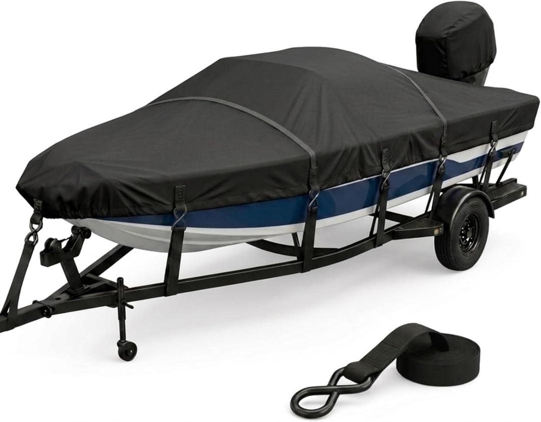 20-22 ft Bass Boat Cover, 1200D Heavy Duty Waterproof Boat Cover with Metal Buckle Straps & Motor Cover, Fits 20' 21' 22' V-Hull, Tri-Hull, Runabout and Fishing BoatsBlack
