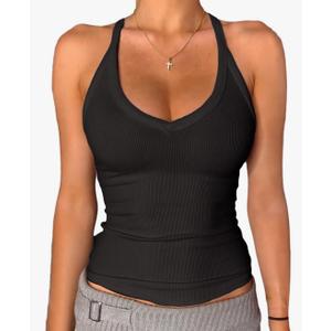 Danysu V Neck Racer Back Tank Top for Women Padded Ribbed Long Tank Fitted Basic Cami Tops, (Black, Small)
