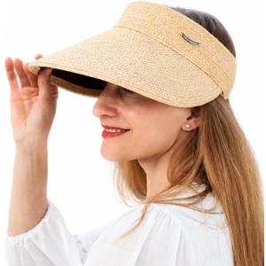 Women's Wide Brim Sun Hat Straw Sun Visor Hat, Natural Straw, Visor Cap UPF 50 Protection, Foldable Beach Hat with Ponytail