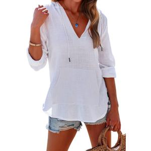 Ebifin Women's Beach Cover Up Hoodies Sweatshirt Long Sleeve V Neck Pocketed Hooded Shirt Top (S, White)