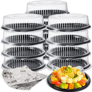 Tessco 12 Pack Heavy Duty, Repeatedly Plastic Serving Tray with Lid and 24 Pcs Deli Wax Paper Sheets Sets Large Plastic Party Platters with Clear Lids Stackable Round Food Serving Trays (12 Inch)