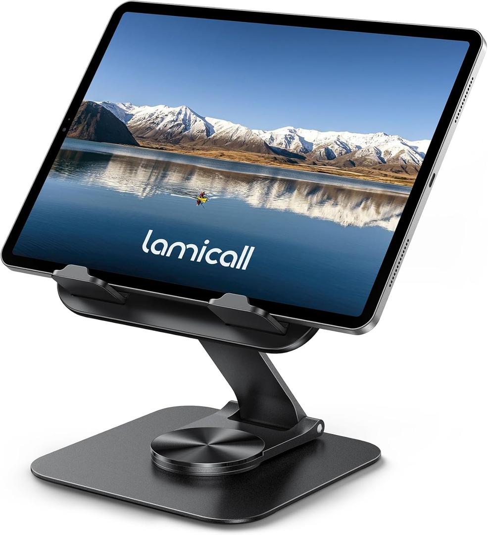 Lamicall Adjustable iPad Stand for Desk - [Ultra-Slim Foldable][360Rotation] Tablet Stand with Heavy-Duty Base, Tablet Holder Gifts for 4.7-13" Devices, 2025 iPad Pro Air Mini, Kindle, iPhone 17 Pro (Black)