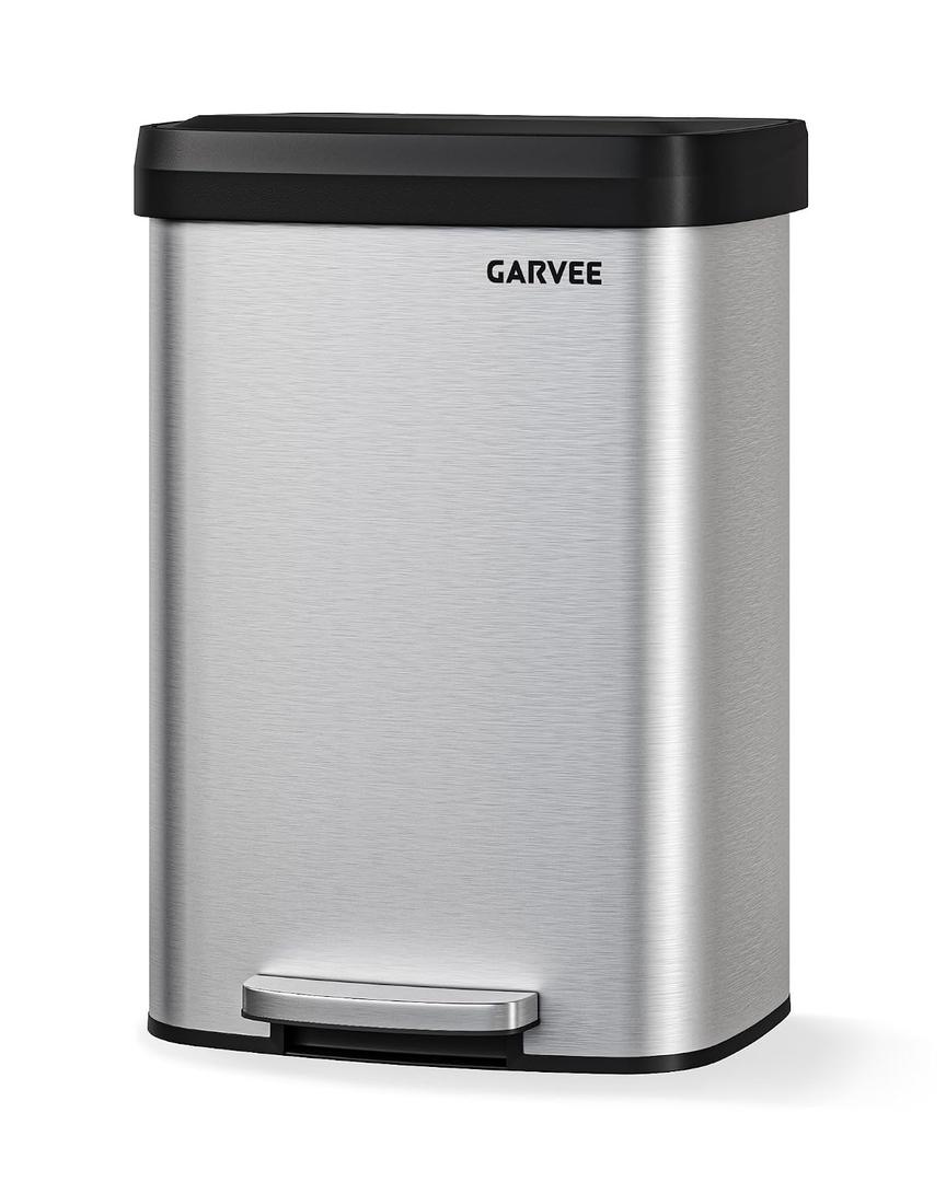 Garvee 13 gal / 50 L Stainless Steel Trash Can with Lid, Large Garbage Can for Kitchen, Rustproof Step-on Kitchen Metal Trash Bin with Liner Rim, Rear Handle, Soft Close Plastic Lid, Silver