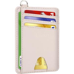 EcoVision Slim Minimalist Front Pocket Wallet, RFID Blocking Credit Card Holder Wallet with Detachable D-Shackle for Men Women. Cowhide Pink Apricot