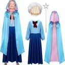 4 Pcs Adult Halloween Fairy Costume for Women with Blue Hooded Cloak Cape,Wig and Wand for Halloween Dress Up, Large