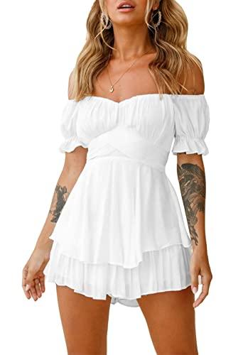 AOHITE Womens Boho Off-Shoulder Dress Ruffle Chiffon Summer Mini Short Dresses White Large
