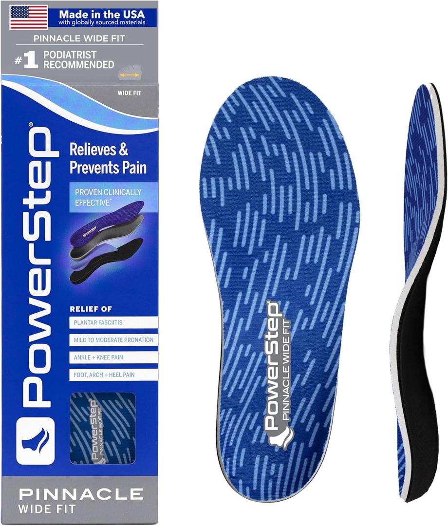 PowerStep Wide Fit Orthotics Insoles, Wide Feet Arch Support, Plantar Fasciitis Relief, Mild Pronation, Orthotics That Supports Ankle & Knee Pain for Men and Women, Made in The USA (Blue/Gray)