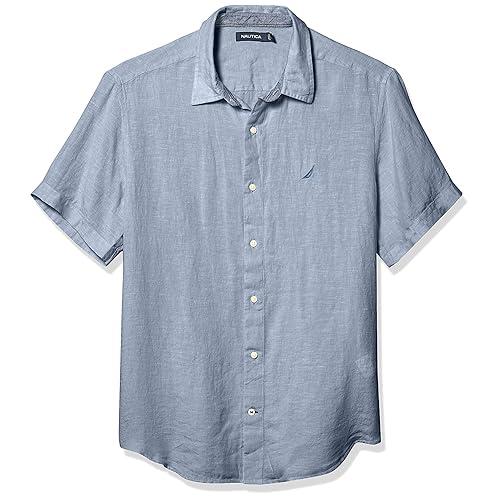 Nautica Mens Short Sleeve Solid Linen Button Up Shirt (M, 1bw)