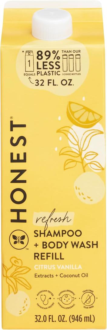 The Honest Company 2-in-1 Cleansing Shampoo Body Wash Refill Carton, Gentle for Baby, Naturally Derived, Tear-free, Hypoallergenic, Citrus Vanilla Refresh, 32 fl oz