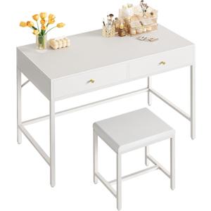 SUPERJARE 35.4" White Desk with 2 Drawers, Modern Makeup Vanity with Padded Stool, Small Computer Desk Home Office Desk for Writing Study Bedroom