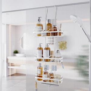 Shower Caddy Over the Door Organizer: Bath Rack Hanging Over Glass with Hooks - Storage Shelf Inside Bathroom for Shampoo - White