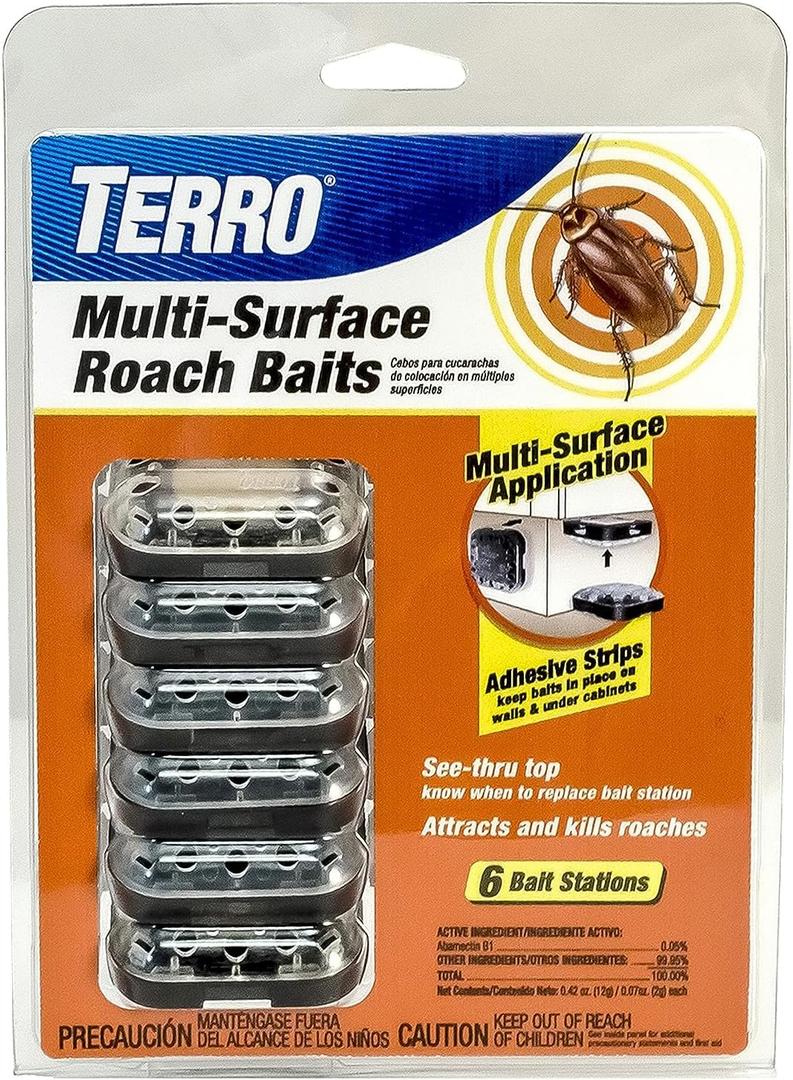 TERRO T500 Indoor Multi-Surface Roach Bait Stations - Indoor Cockroach Killer, 6 Bait Stations, Black (1 Pack)