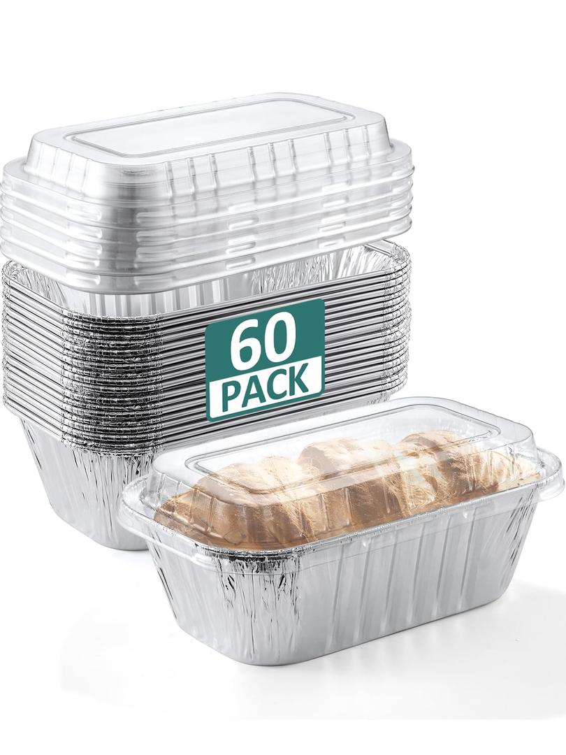 NEEBAKE 60 Pack 6x3.5x2 Disposable Aluminum Loaf Pans with Lids Small-Aluminum-Foil-Pans-Tin-Foil-Baking-Pans-Tin-Trays-Food-Containers-for-Baking-Cakes-Bread-Meat-Loaves