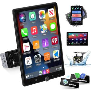 Single Din Vertical Car Stereo Rotatable 10.4 inch Touch Screen Radio with Wireless Carplay/Android Auto/EQ Audio/Bluetooth/SWC/GPS Navigation/FM Radio +Backup Camera