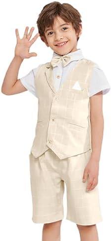 Summer Boys Suit Dress Clothes Kids Wedding Ring Bearer Outfit 4Pcs Shirt Vest Shorts Setb 130