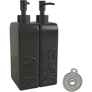 Soap Dispenser Set with Stainless Steel Pump, 2 Pack Ceramic Refillable Dish Soap and Hand Soap Dispenser for Kitchen, Bathroom, Matte Black