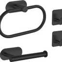 Self-Adhesive Bathroom Hardware Set, Towel Ring, Toilet Paper Holder and 2 Towel Hooks for Kitchen/Bathroom, No-Drilling Stainless Steel Bathroom Accessories, Wall Mounted, Black