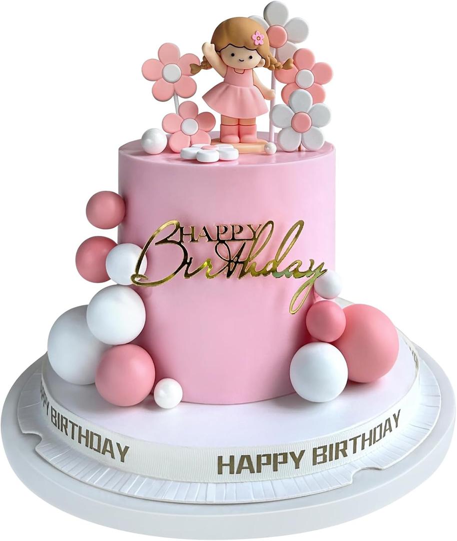20 PCS Princess Cake Topper Balls Cake Decorations with Gold Happy Birthday Sign for Birthday Party Decorations (Pink)