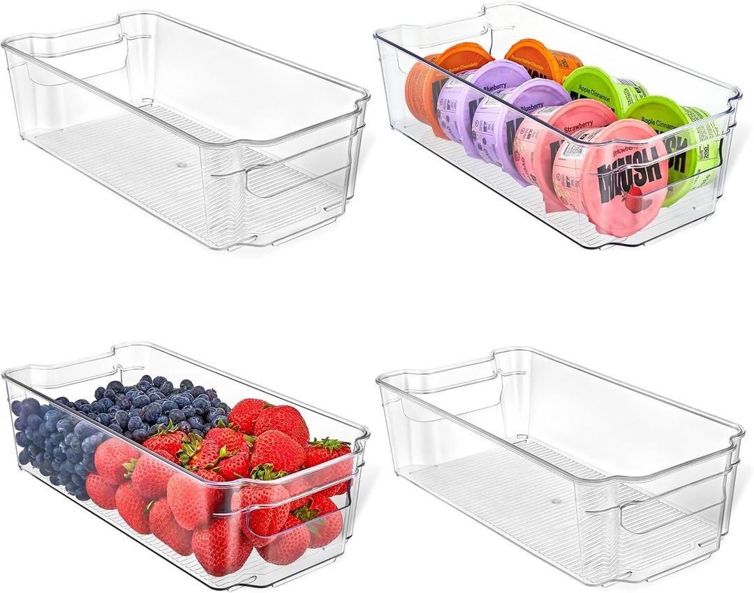 Multi-Purpose Refrigerator Bins - 4 Pieces Usable And Stackable Design Fridge Bin Organizer With Easy Grip Handles - Clear