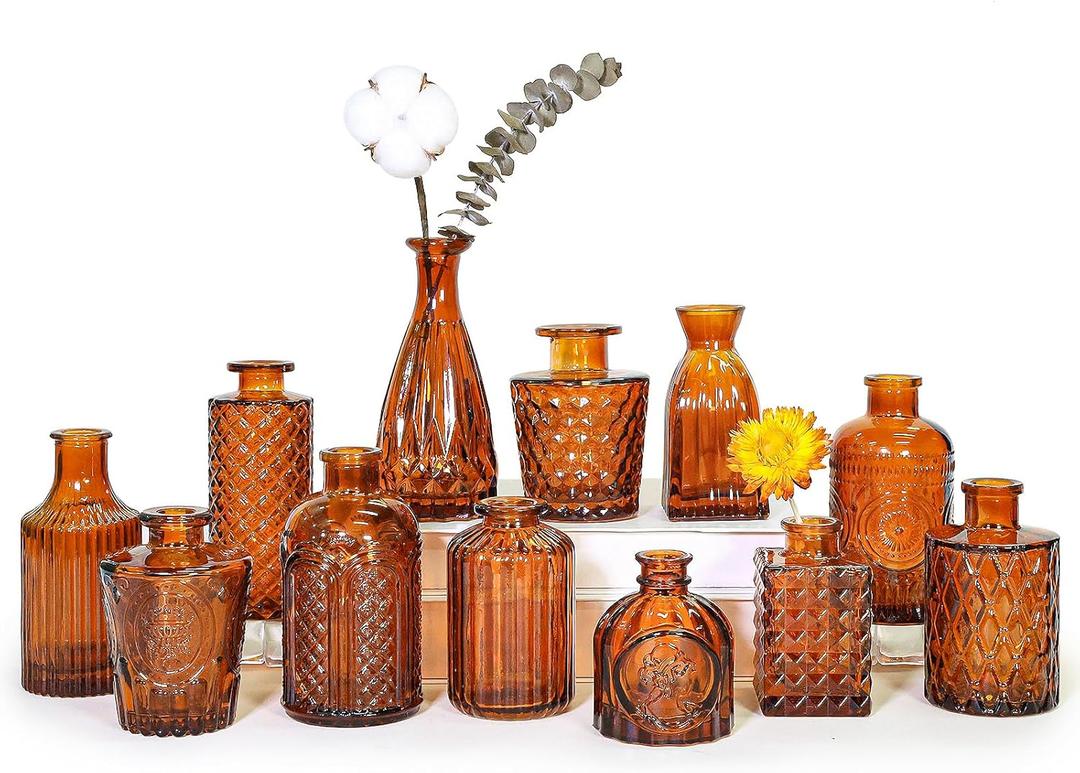 12Pcs Glass Bud Vase Set, Small Dark Brown Flower Vase for Centerpieces, Bud Vases in Bulk, Mini Vintage Vase for Rustic Wedding DecorationsAmber