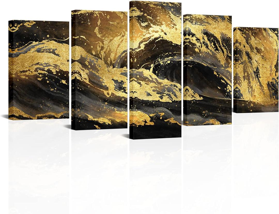 Visual Art Decor Large 5 Pieces Abstract Black and Gold Canvas Wall Art Pictures for Home Living Room Bedroom Decoration (Wave, Total 50x24)