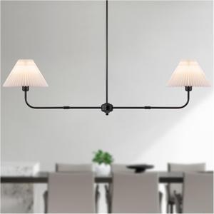 Modern Chandelier, 2-Light Linear Dining Room Light Fixture with White Fabric & ABS Shade Kitchen Island Lighting Fixture for Over Table, Living Room, Bedroom