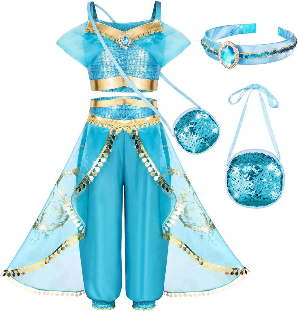 Arabian Princess Costume for Toddler Girls - with Sequin Small bag, Headband (8-9 Years, Blue 51)