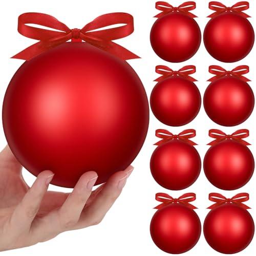 Weysat 8 Pcs 4 Inch Matte Red Fillable Christmas Ball Ornaments Plastic Christmas Tree Ornaments Balls with Hanging Ribbons for Outside Lawn Yard Tree Decorations