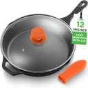NutriChef 12-Inch Cast Iron Skillet w/Lid - Pre-Seasoned, Oven Safe, Nonstick, Cool-Touch Silicone Handle, For All Cooktops - NCCI12 (Black)