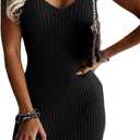 Sidefeel Womens 2025 Summer V Neck Ribbed Knit Sleeveless Tank Dresses Sexy Bodycon Club Night Out Dresses (Small, Black)