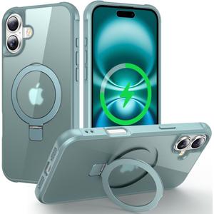 Magnetic Compatible with iPhone 16 Plus Case with Stand [Military Grade Drop Tested][Compatible with Magnet] Ring Translucent Slim Hard Back Soft Edge, Teal Green