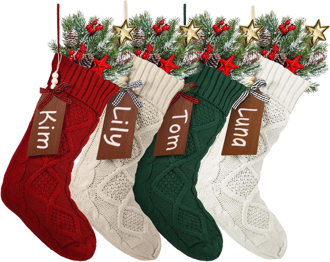 Aoriher 4 Sets Large Christmas Stockings with DIY Name Tags, 18 Inch Knitted Stockings Personalized Xmas Hanging Decorations with Name Tags for Christmas Family Decor (Red,Green,Khaki,White)