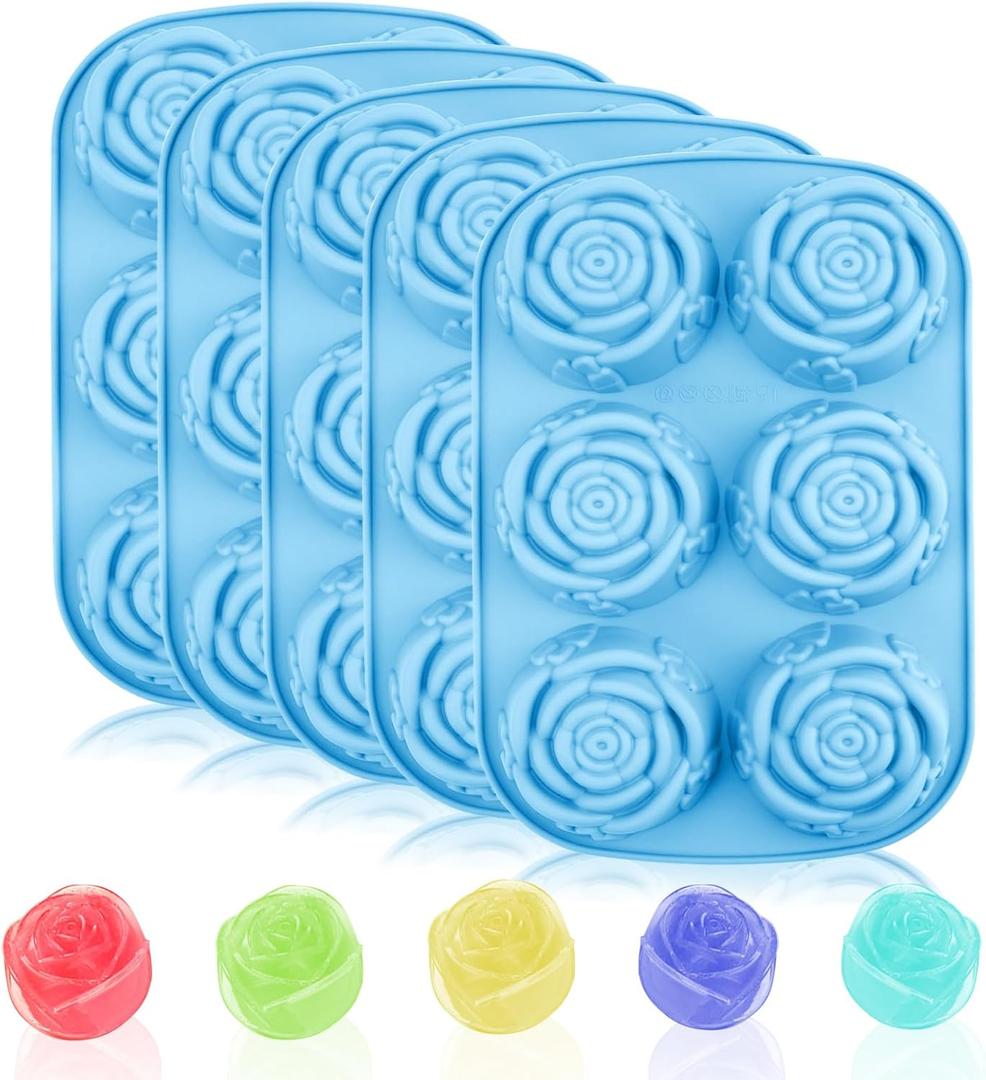 5PCS Rose Silicone Molds, 6-Cavity Non-Stick Flower Ice Cube Mold, 3D Baking Molds Silicone Shapes for Chocolate Cake Candy Cupcakes Pudding Muffins Ice Cube Cocktails Handmade Soap Making (Blue)
