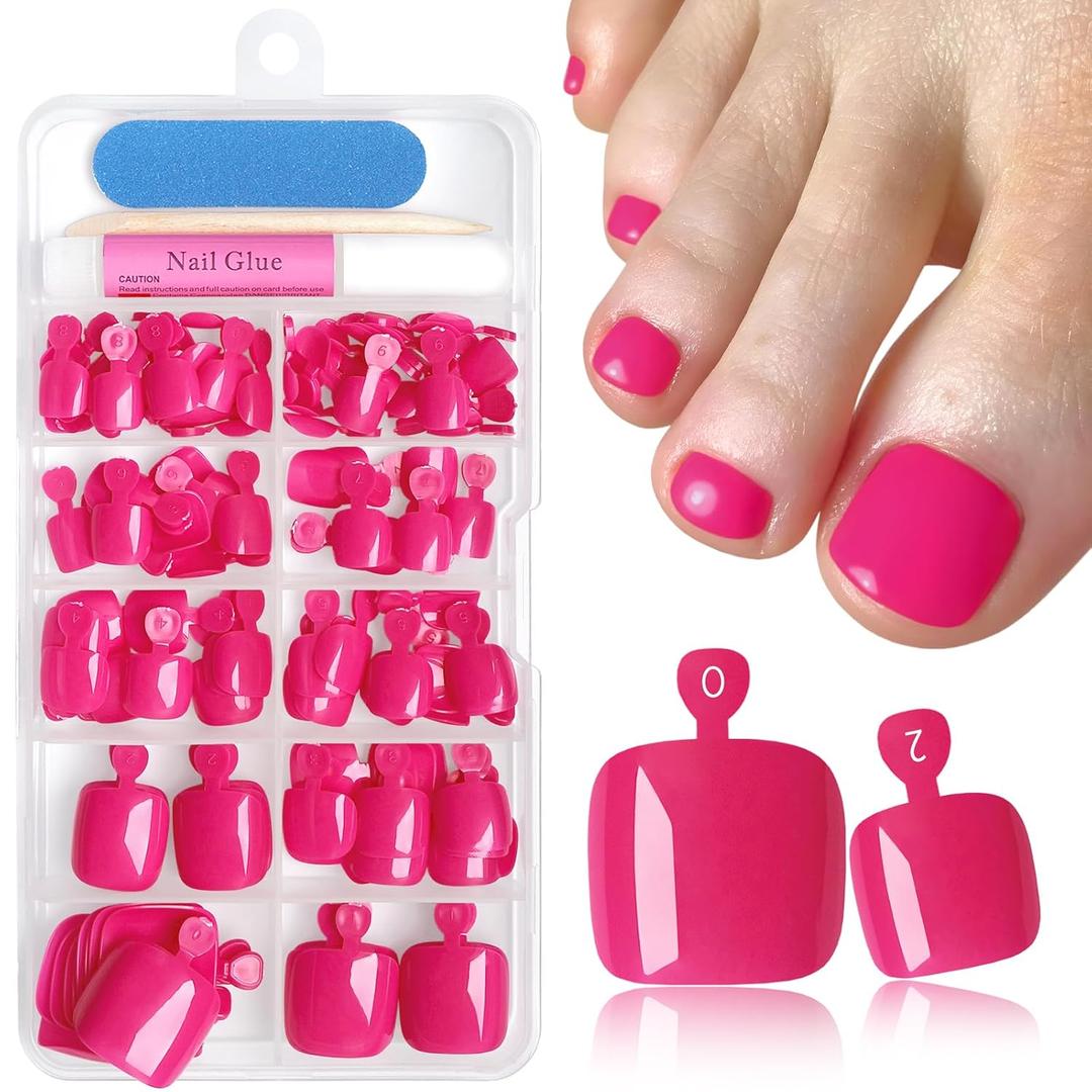 144pc Hot Pink Press on Toenails for Women, Hot Pink Toe Nail Press ons Short Square Toe Press on Nails Fake Toe Nails Tips False Toenail Press ons with Nail Glue and Adhesive Tabs