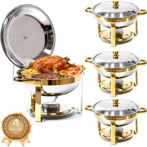 4-Pack Chafing Dish for Buffet Set, 6QT Round 304 Stainless Steel Complete Buffet Warmer  Includes Lids, Water Pans, Folding Stands & Clips for Catering, Events, Parties (Golden 4)