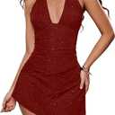 Women's Glitter Halter Mini Dress Y2K Tie Backless Sleeveless Fitted Party Dresses Night Out Clothes (Burgundy)