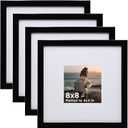KINLINK 8x8 Picture Frame Black Set of 4, Wooden Square Photo Frames Matted 4x4 with Plexiglass for 4x4 with Mat or 8x8 without Mat for Table and Wall Display