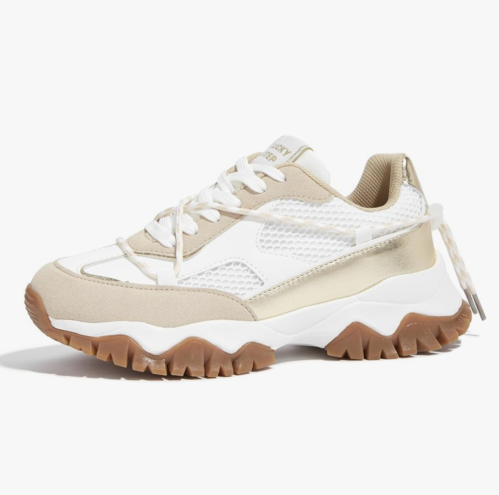 LUCKY STEP Women's Platform Colorful Fashion Sneakers Tennis Retro Colorblock Adjustable Lace Lifestyle Stylish Cute Chunky Dad Casual Walking Shoes
Color: Beige/Gold, Size: 8