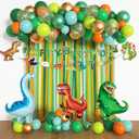 Dinosaur Birthday Party Decorations Supplies Happy Birthday Banner Crepe Paper Green Orange Blue Gold Dino Foil Balloons Garland Arch Kit for Jungle Safari Dinosaur Themed Baby Shower Party Boys Kids