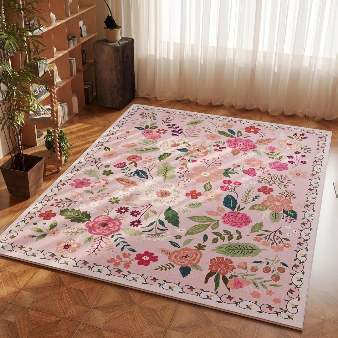 Area Rug 4x6 Rug Washable Boho Rugs Non Slip Low Pile Floral Small Carpet for Bedroom, Bedside, Kids Room, Office, Dining Room(Pink) (4'x6', Pink)