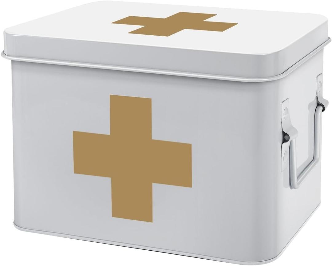 Flexzion First Aid Medicine Box Supplies Kit Organizer - Empty 8" White Metal Tin Medic Storage Bin Hard Case with Removable Tray Black Cross, Vintage Antique Boxes for Home Family Emergency Tool Set