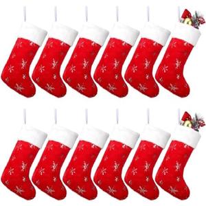Glimin 12 Pcs Faux Fur Christmas Stockings 18'' Large Xmas Snowflake Plush Hanging Stocking Glitter Sequin Embroidered Christmas Stockings for Family Fireplace Party Decoration(Red and White)