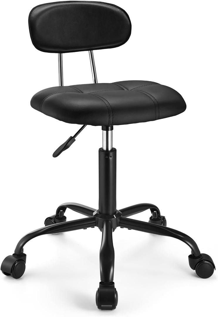 Square Rolling Stool with Backrest Height Adjustable Chair Swivel Drafting Chair Stool Chair with Wheels Stable Base Foot Black